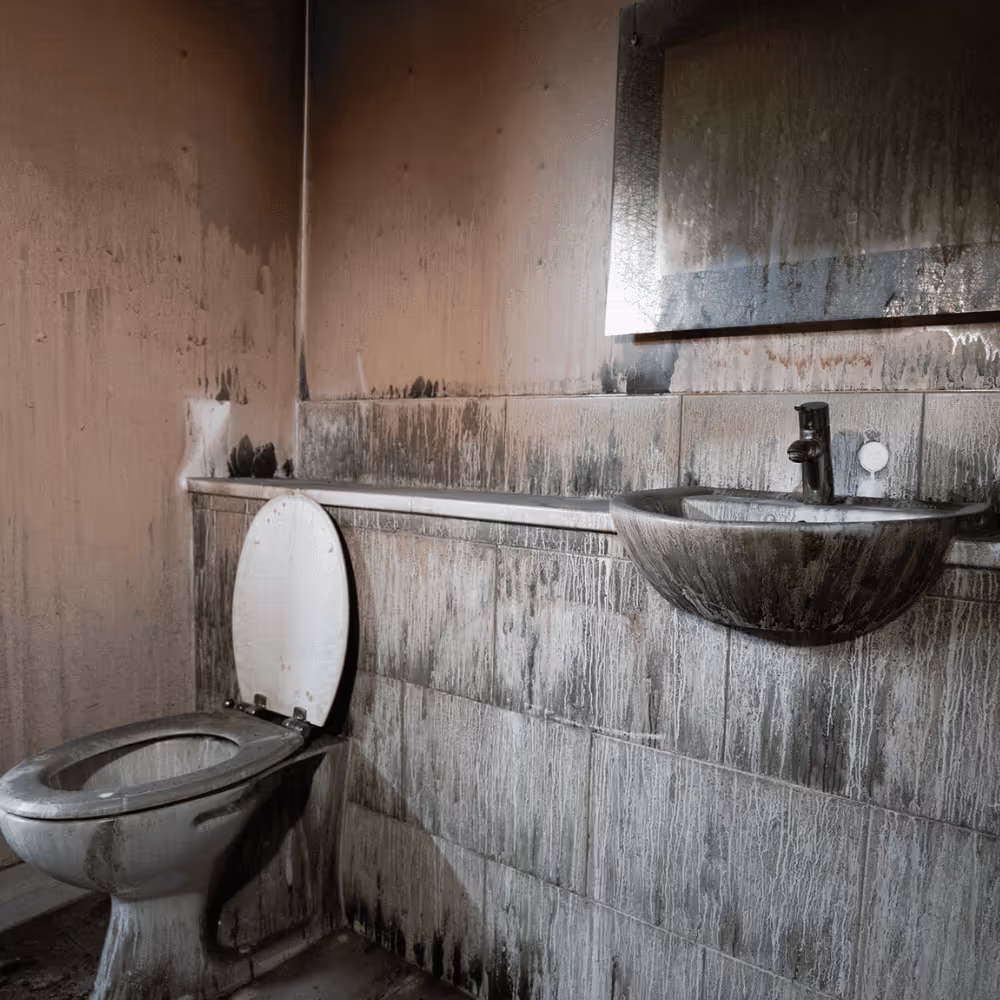 A close-up of a fire-damaged bathroom, with the toilet and sink heavily covered in black soot and smoke residue before the refurbishment.