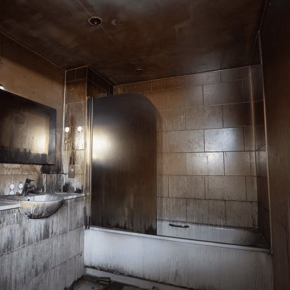 The bathroom of a flat before refurbishment, showing severe smoke and soot damage covering the bathtub, shower screen, tiles, and ceiling.